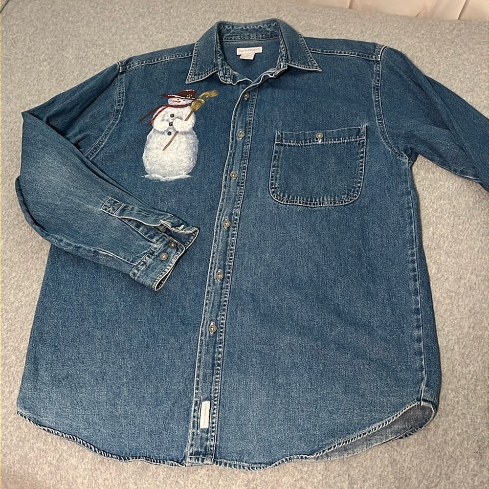 Y2K Denim Button Top Shirt Womens Medium Painted Snowman Boho Country Winter - Picture 7 of 10